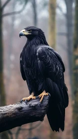 Dark-plumaged eagle perched on branch in muted forest.