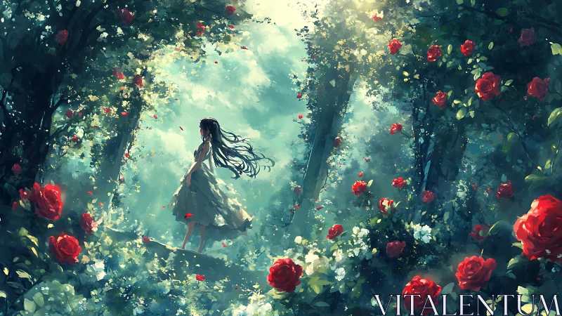 Girl wandering through a sunlit forest of drifting roses.