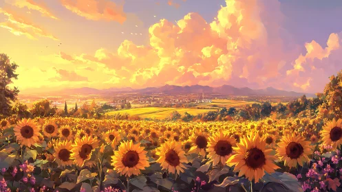 Sunlit sunflower field extends toward distant town under volumetric clouds
