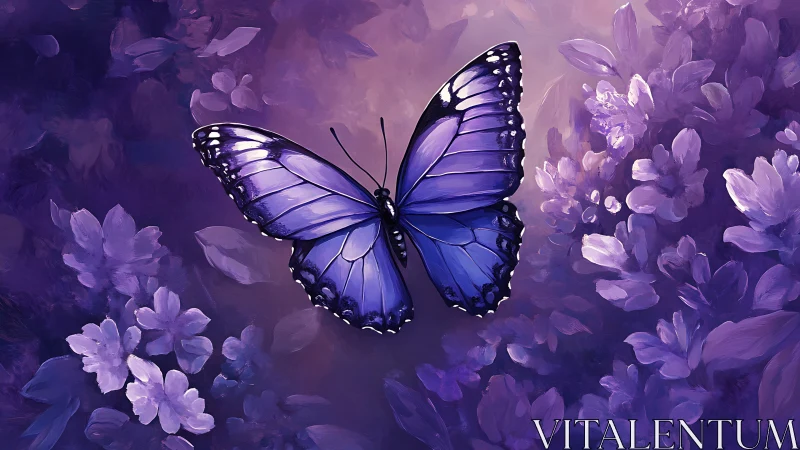 Luminous violet butterfly drifting through a twilight blossom haze.