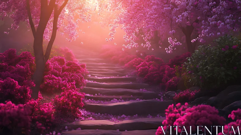 Digital painting of glowing cherry blossom garden stairway.
