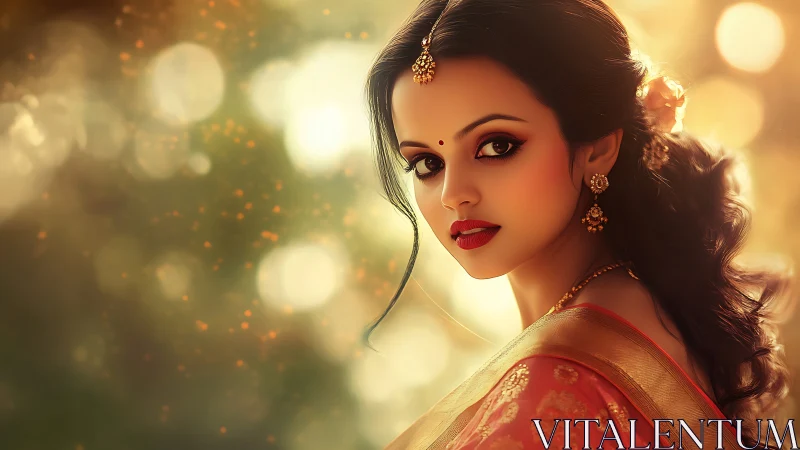 Elegant Indian woman in traditional attire, soft golden bokeh portrait.