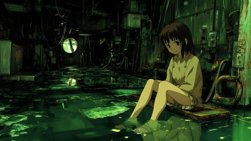 Anime girl in flooded industrial corridor, moody green lighting.