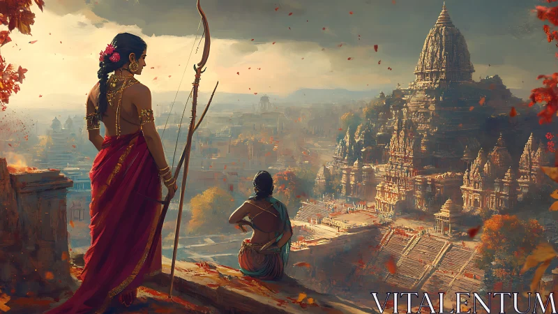 Regal warriors overlook sunlit temple metropolis in autumn.