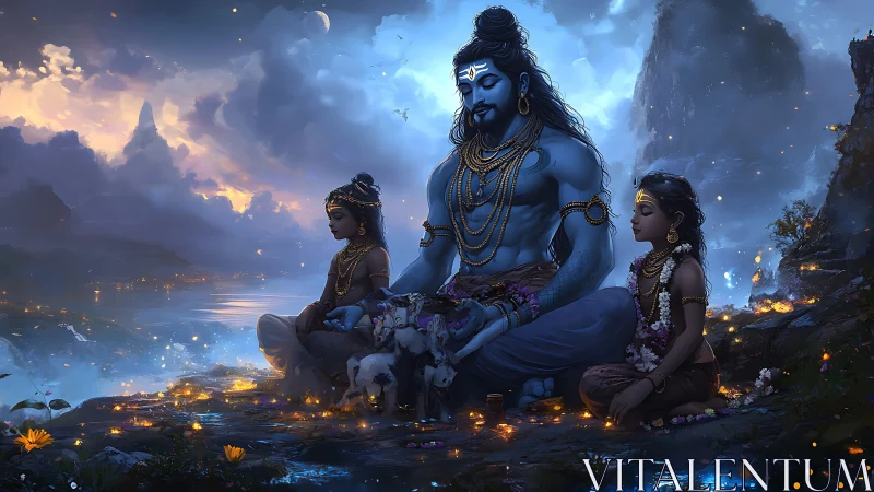Divine blue deity in serene twilight meditation with children.