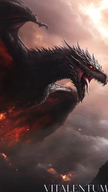 Majestic fire dragon soaring through stormy twilight skies.