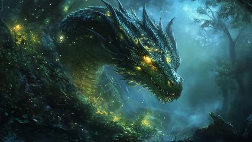 Gentle forest dragon glowing softly in an emerald twilight.