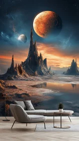 Digital painting wall mural of twin moons above alien seascape.