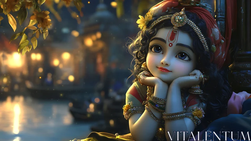 Childlike deity portrait with jeweled adornments by riverside.