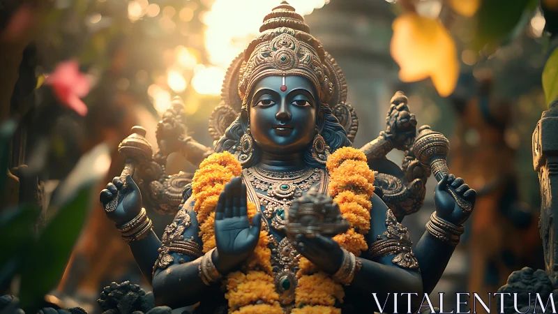 Golden light surrounds serene Hindu deity statue in prayer