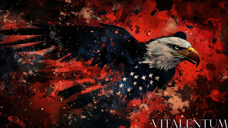 Bald eagle with abstract red and blue splatter backdrop.