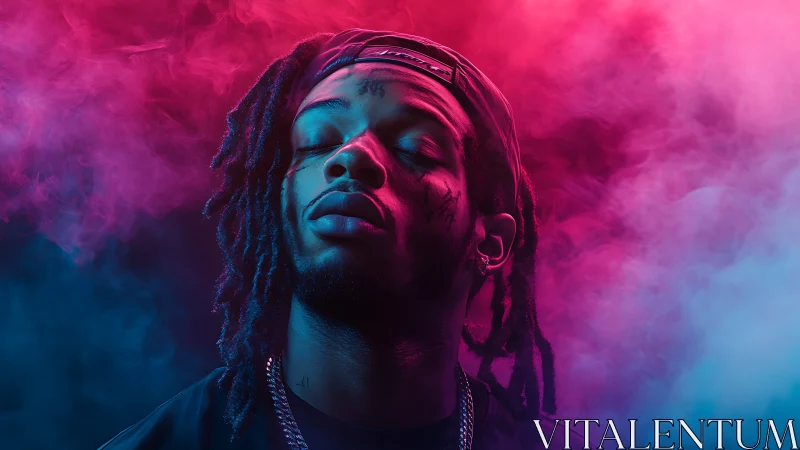 Moody neon portrait drifting between pink and blue haze.