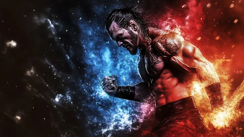 Warrior of fire and ice charging through cosmic sparks.