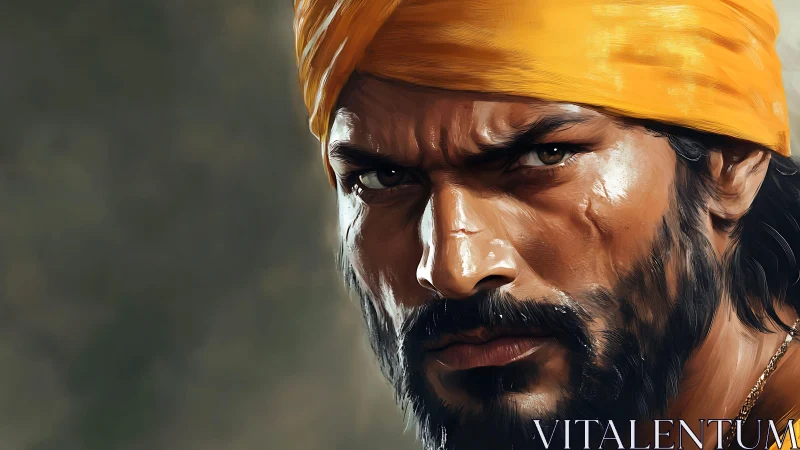 Storm-eyed warrior in a golden turban stares down destiny.