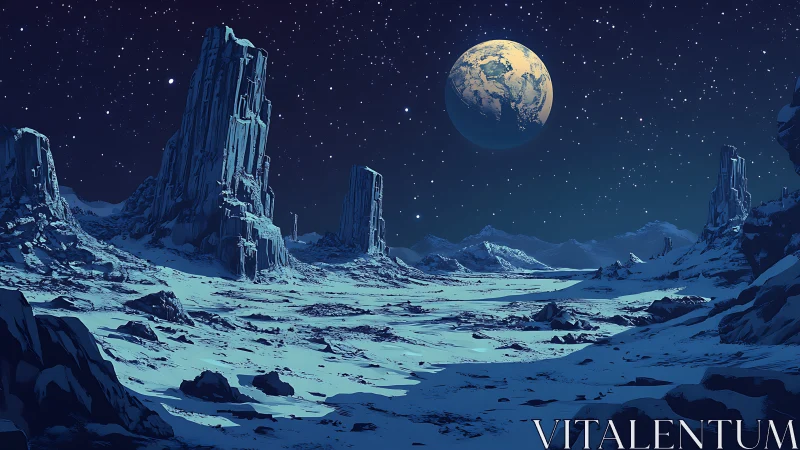 Frozen alien valley dreams beneath a watchful distant world.
