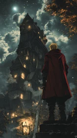 Lone swordsman confronts towering moonlit gothic fortress.
