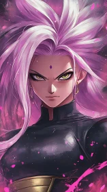 Confident pink haired warrior wrapped in glowing mystic power.