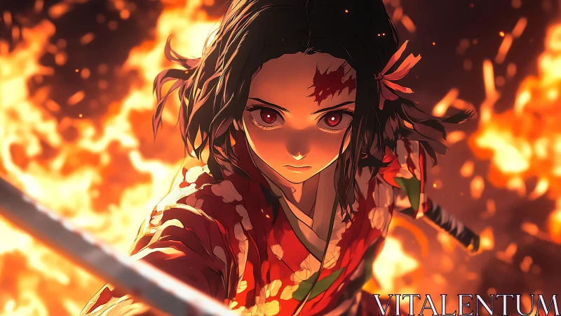 Sword-wielding anime girl in kimono before intense fire glow.