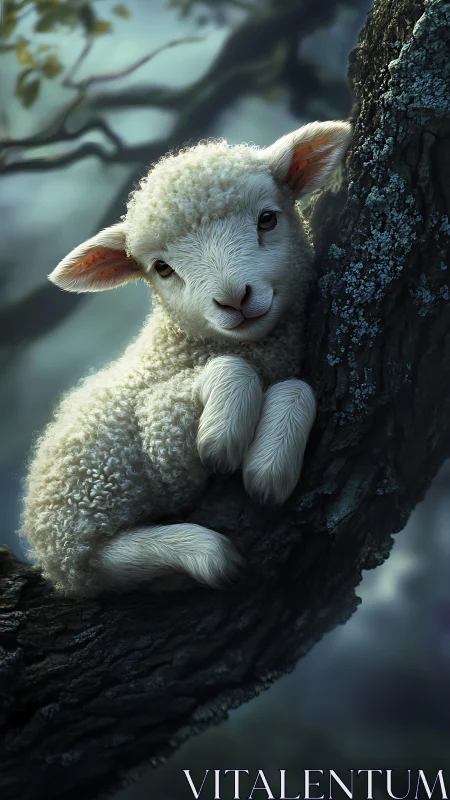 Photorealistic lamb study on mossed branch in soft forest light.