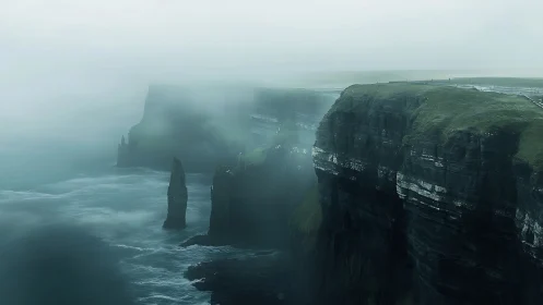 Misty Coastal Sea Stacks: Atmospheric Geology and Maritime Seascape