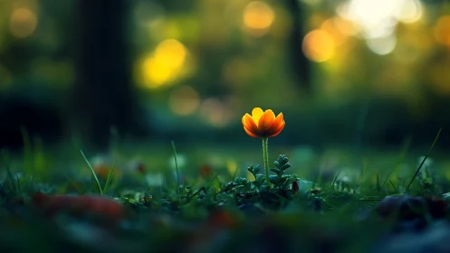 Tiny forest lantern glows boldly in a hush of evening bokeh