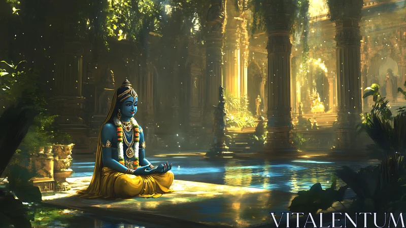 Divine blue yogi meditating by luminous temple pool.