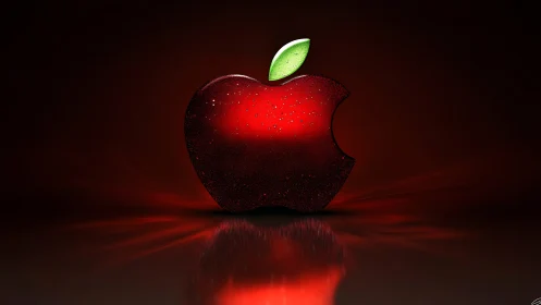 Glossy bitten apple emblem with luminous red reflections.