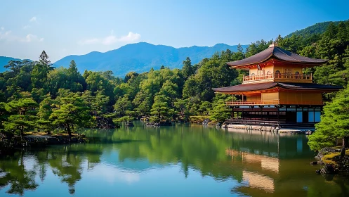 Golden lakeside pavilion resting in a calm green valley.