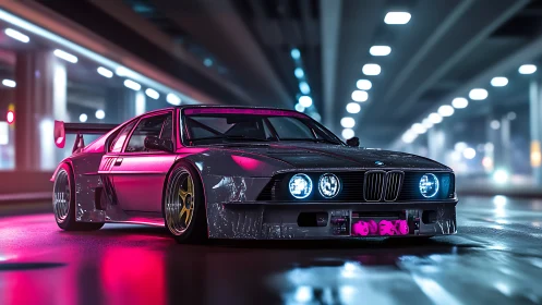 Neon-lit BMW race car glows under a futuristic city overpass.