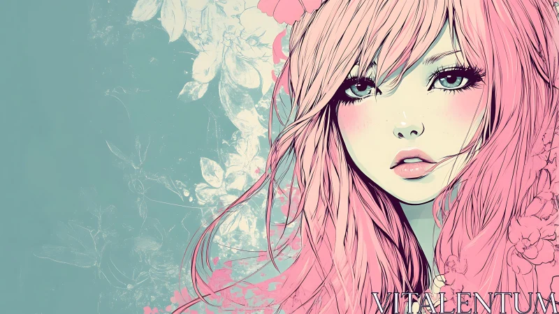 Soft pink daydream girl with floral whispers in pastel calm.
