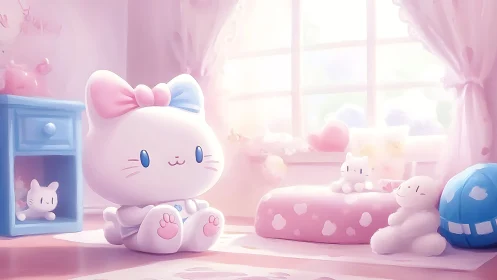 Big pastel kitten plush sits in sunlit pink nursery