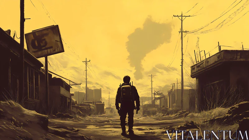 Lone wanderer crosses desolate yellow wasteland street