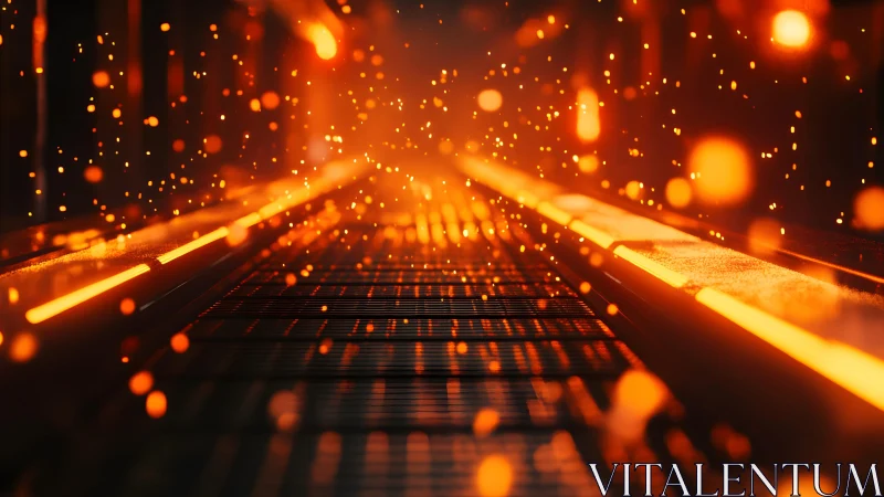 Glowing Steel Mill Conveyor with Flying Sparks in Dramatic Lighting.