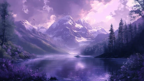 Purple-tinted digital mountains rise above reflective lake