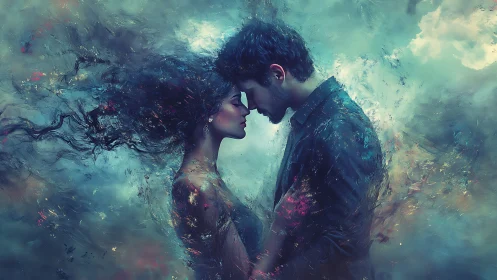 Two figures rendered with ethereal atmosphere and translucent layering