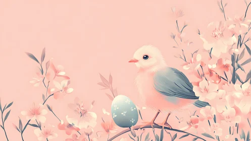 Pastel digital painting of spring chick, egg, and blossoms.