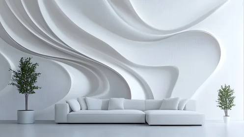 Sculpted white lounge wall flows behind minimalist sofa.