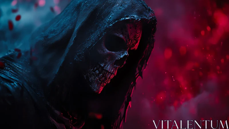 Hooded skeletal figure in red and blue atmospheric lighting.