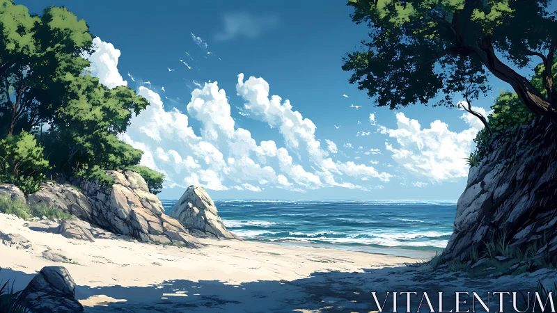 Sunny hidden cove where bright clouds meet calm waves.