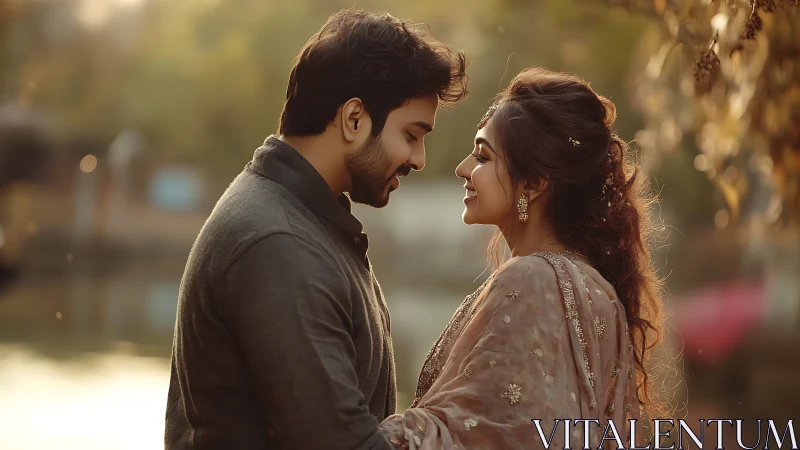 Couple in Traditional Attire Sharing a Moment Outdoors.