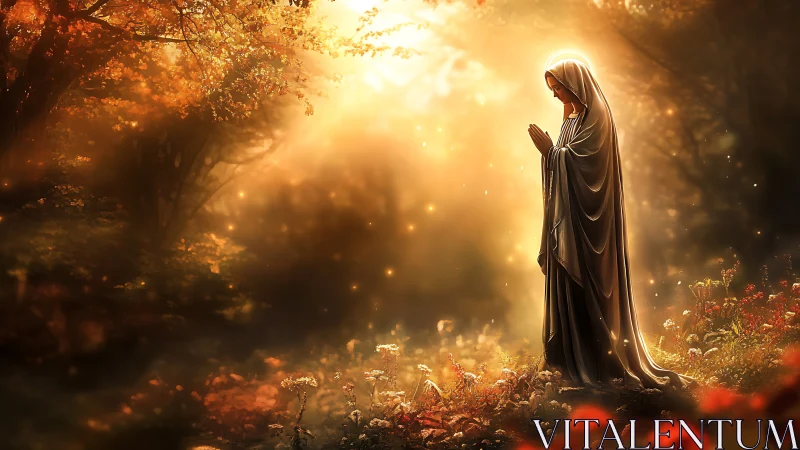 Serene robed figure praying in radiant autumn forest light.