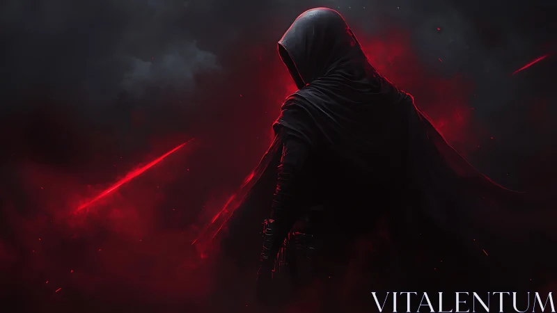 Hooded figure stands in red mist within dark atmospheric void