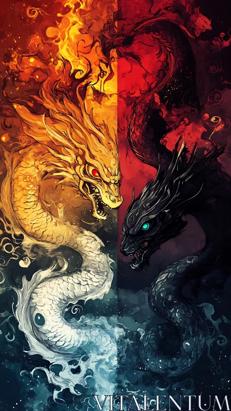 Twin elemental dragons coil in mirrored fire and shadow