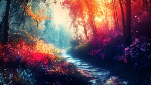 Chromatic Forest Stream With Luminous Canopy Diffusion