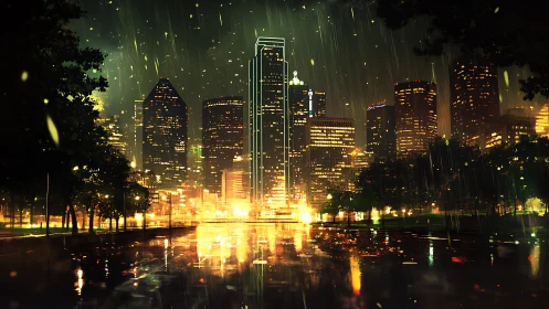 Rain soaked neon city skyline over reflective waterfront.