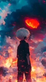 White-haired figure watches burning sky in vivid clouds.