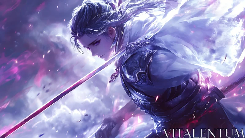 Mystical sword bearer strides through glowing twilight storm.