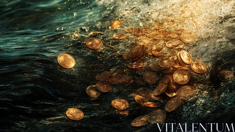 Golden tide of scattered coins swirling through dark water.