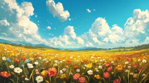 Sky-drenched wildflower carnival under wandering cotton clouds.