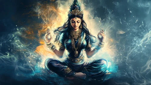 Divine goddess meditates in swirling cosmic fire and mist